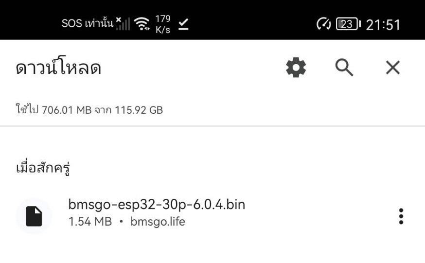 เลือกไฟล์ bmsgo full bin ในแอป ESP32 Flasher